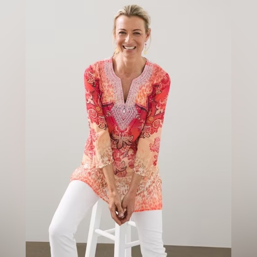 NWT Chico’s Embellished Neckline Tunic SZ M Resort Casual Boho Coastal Getaway